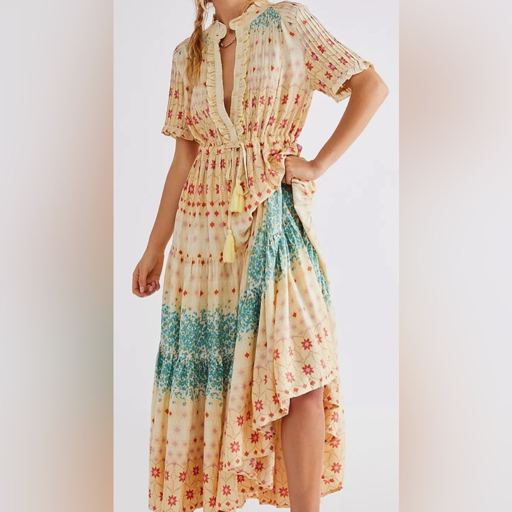 Free People Yellow Floral Maxi Dress with Teal Accents